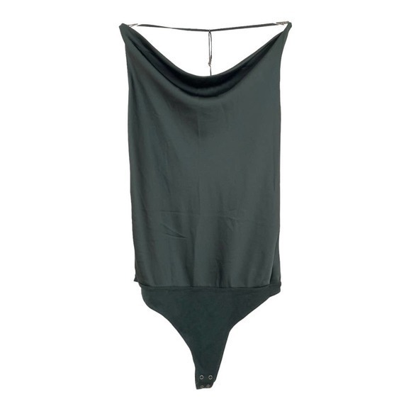 A&F NWT Satin Cowlneck T-Strap Back Bodysuit in Emerald Green SzMSZ - Picture 2 of 5
